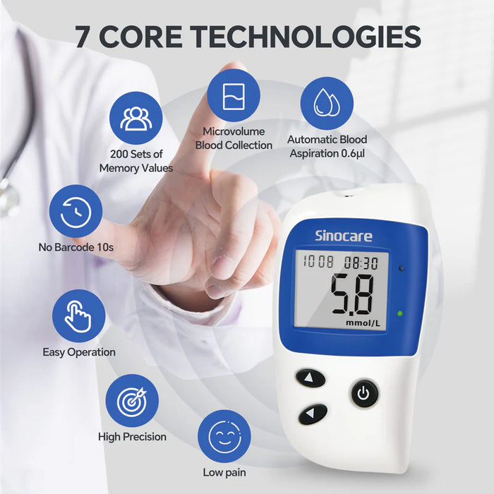 Sinocare Safe Accu 2 Blood Sugar Monitor with Advanced Technology, 200 Memory to Know Value Changes